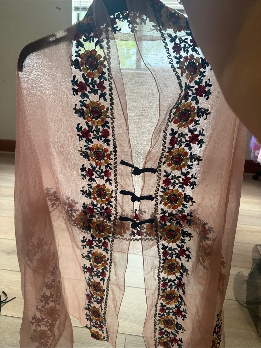 Embroidered Sheer Pink Tie-Front Tunic
